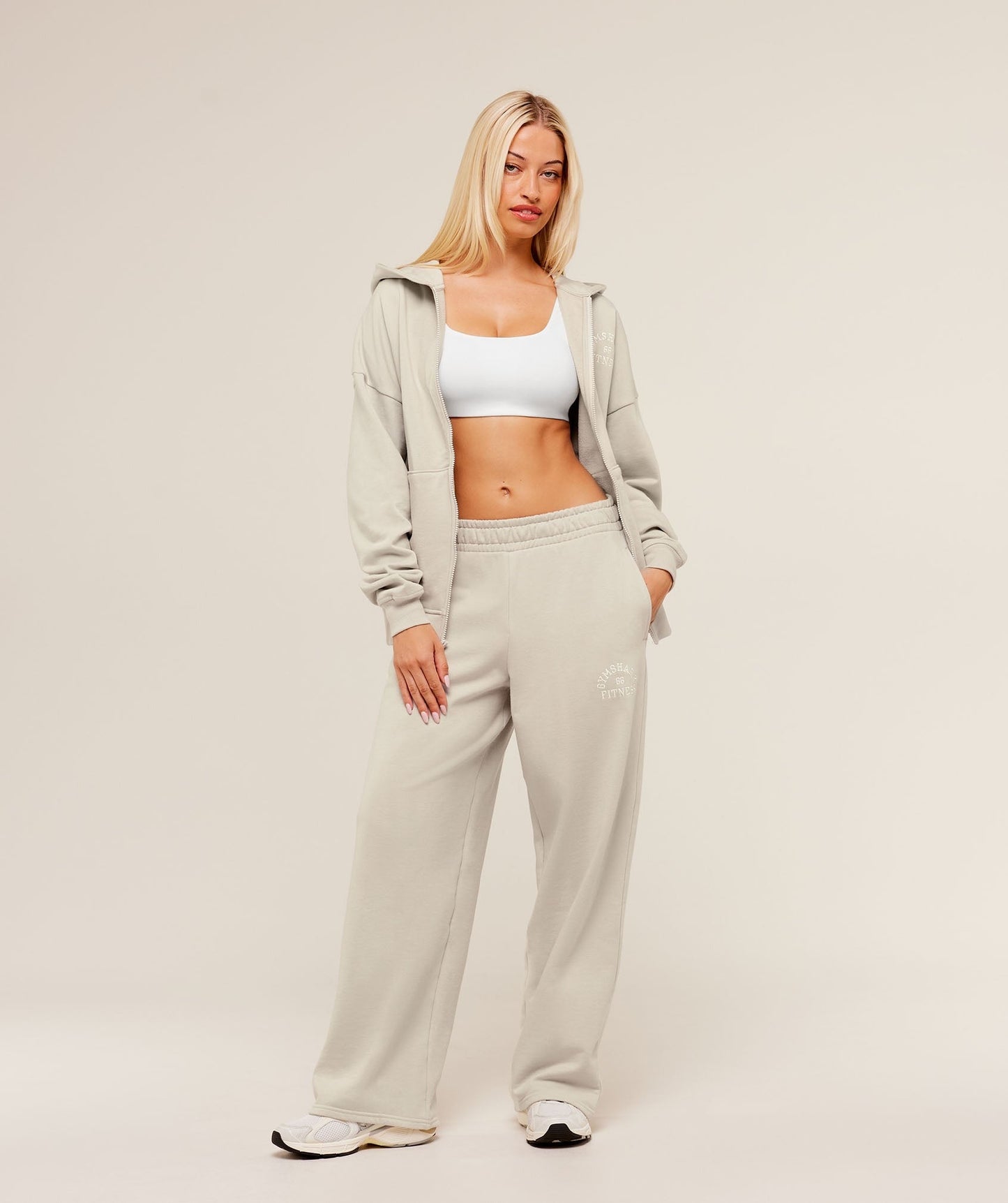 Gymshark Fitness Embroidered Graphic Zip Up Hoodie - Pebble Grey