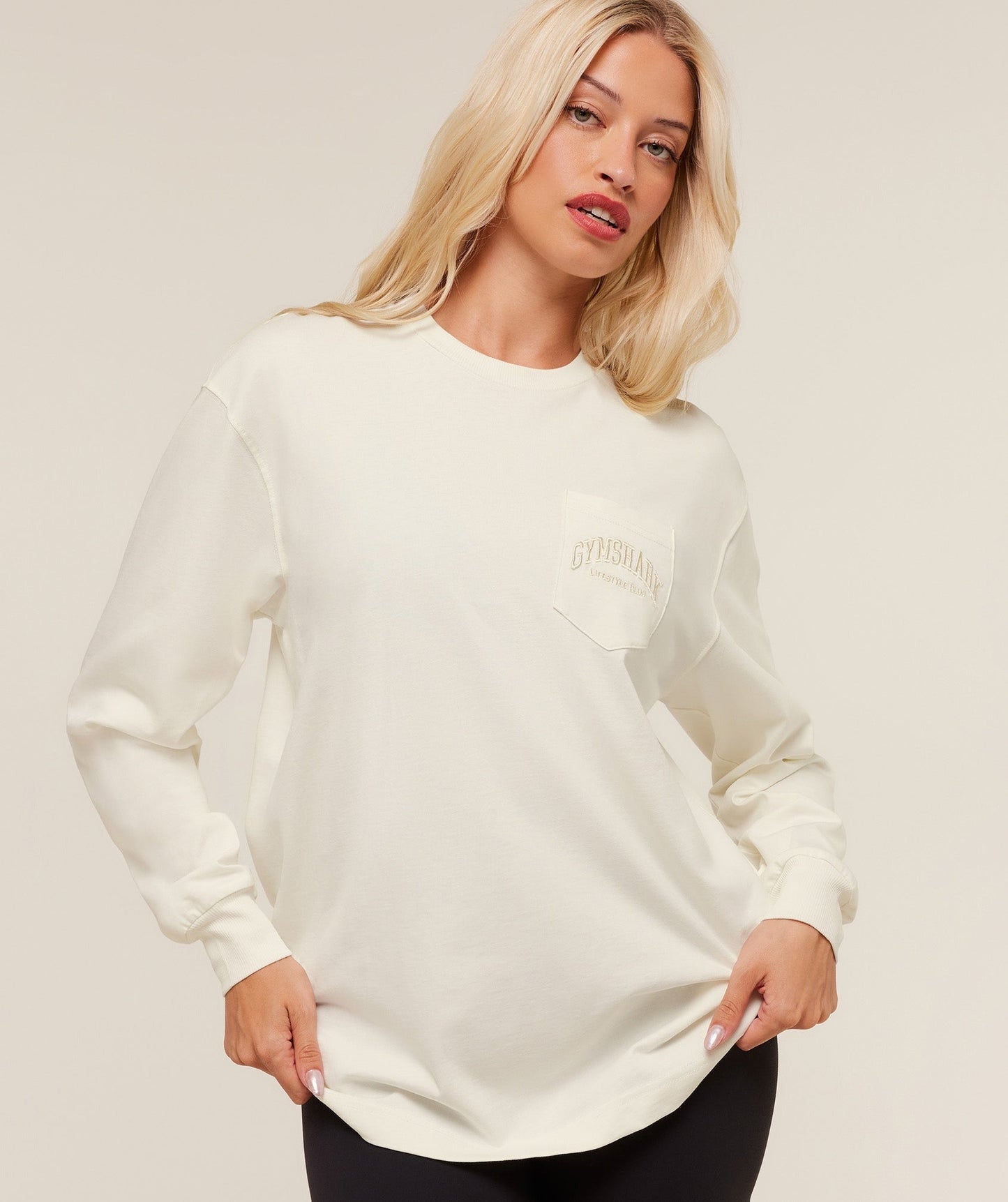 Gymshark Collegiate Graphic Long Sleeve T-Shirt - Soft White