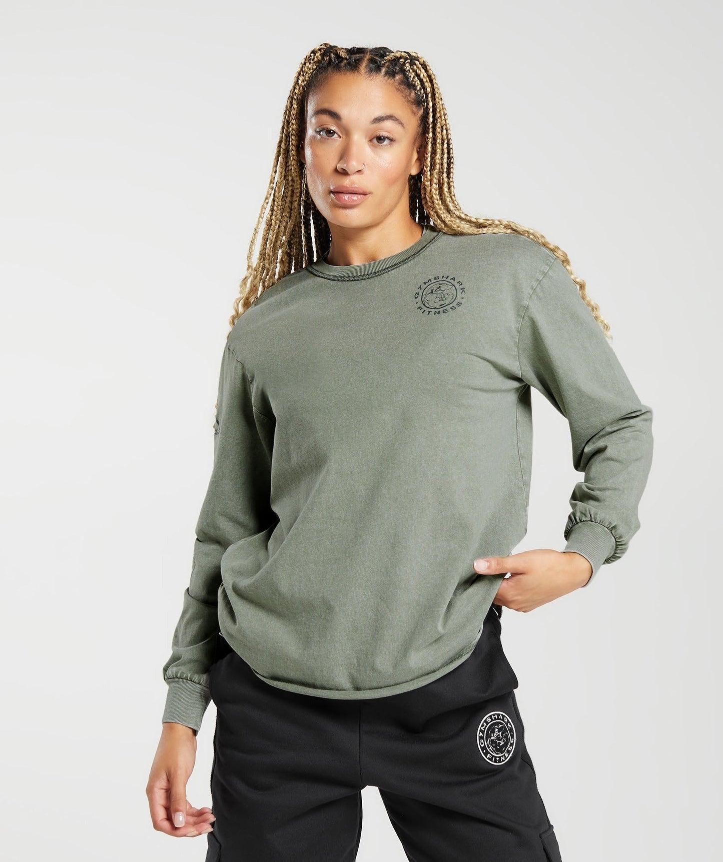 Gymshark Legacy Washed Long Sleeve Top - Dusk Green/Acid Wash