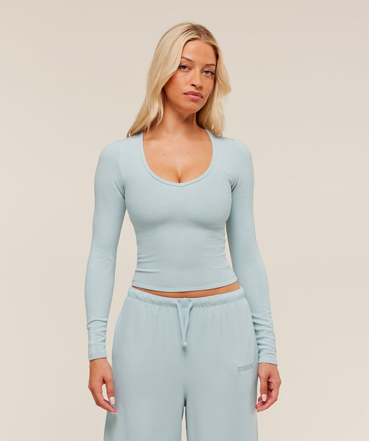Gymshark Waffle Long Sleeve Top - Smoke Blue