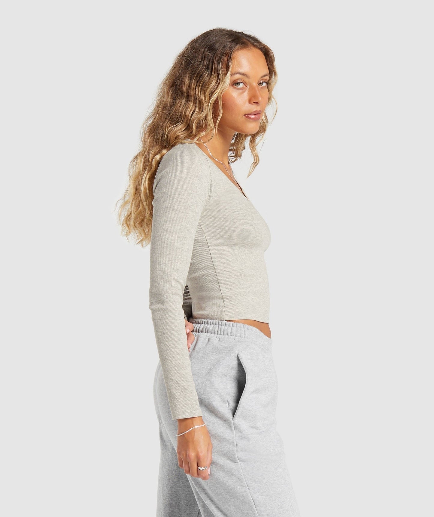 Gymshark Rib Long Sleeve Top - Stone Grey Marl