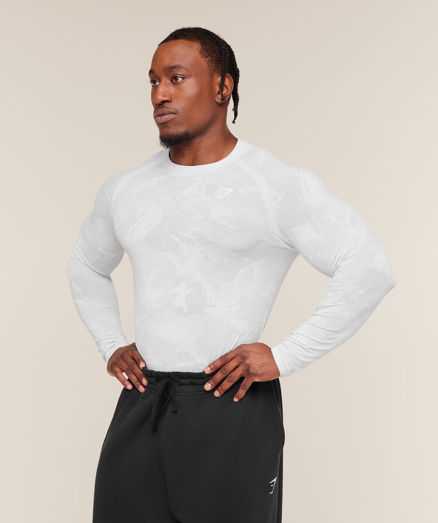 Gymshark Geo Seamless Long Sleeve T-Shirt - White/Light Grey