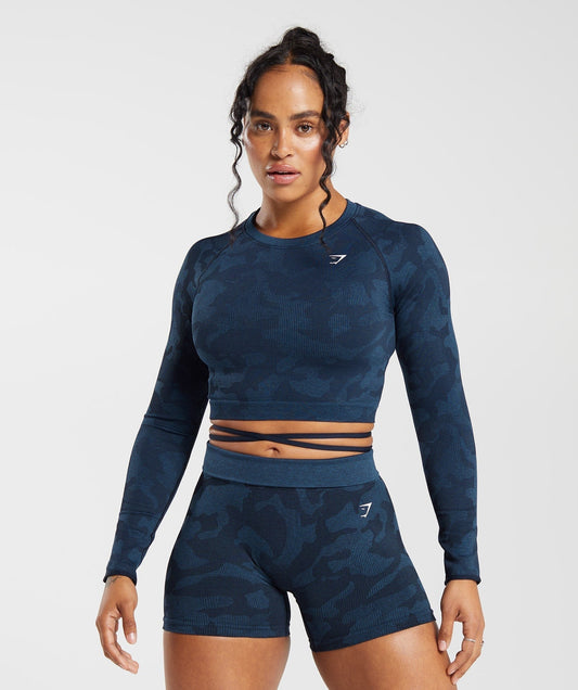 Gymshark Adapt Camo Seamless Ribbed Long Sleeve Crop Top - Midnight Blue/Ash Blue