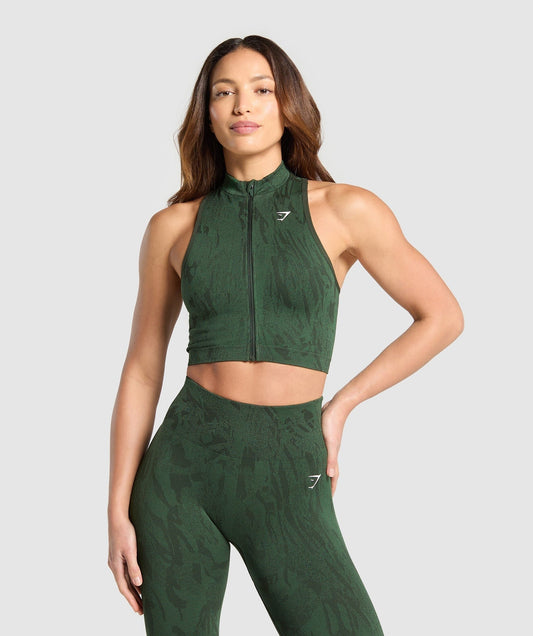Gymshark Adapt Camo Seamless Zip Up Crop Top - Trail Green/Classic Green