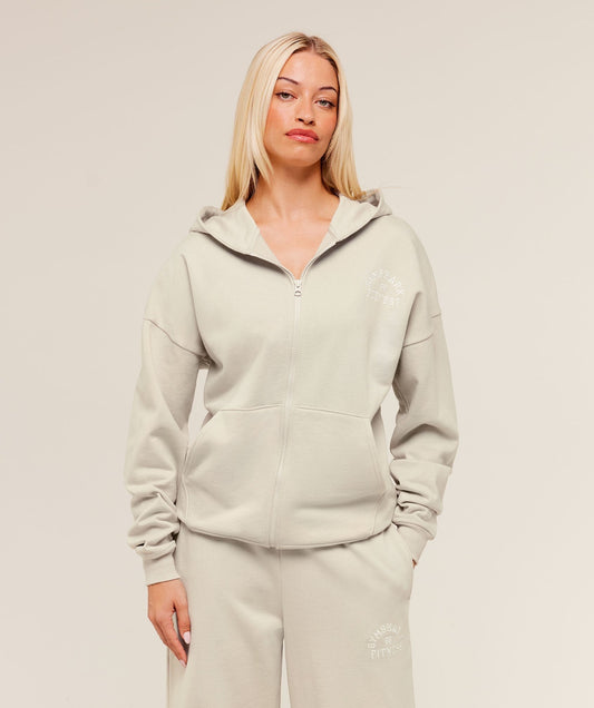 Gymshark Fitness Embroidered Graphic Zip Up Hoodie - Pebble Grey