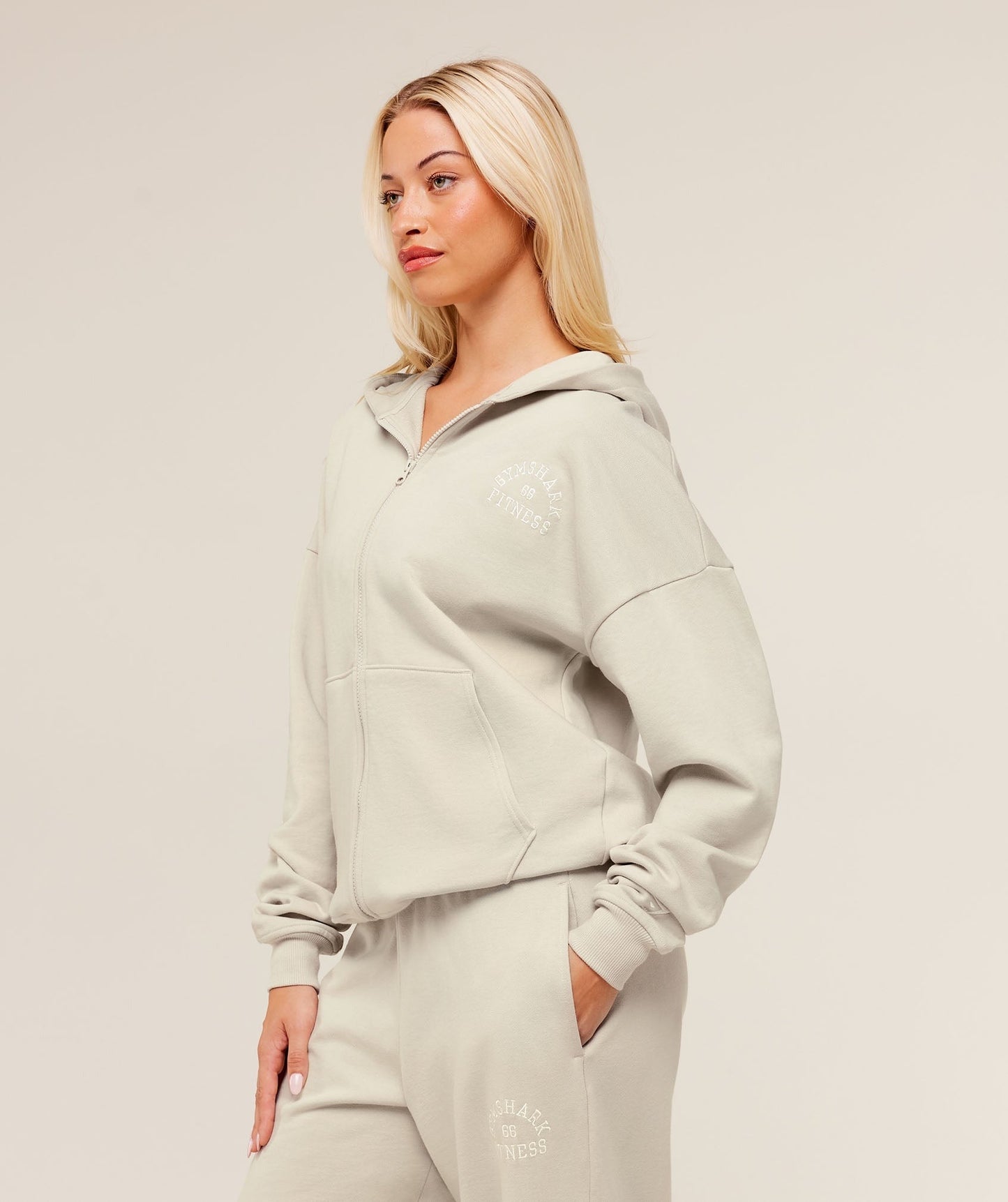 Gymshark Fitness Embroidered Graphic Zip Up Hoodie - Pebble Grey