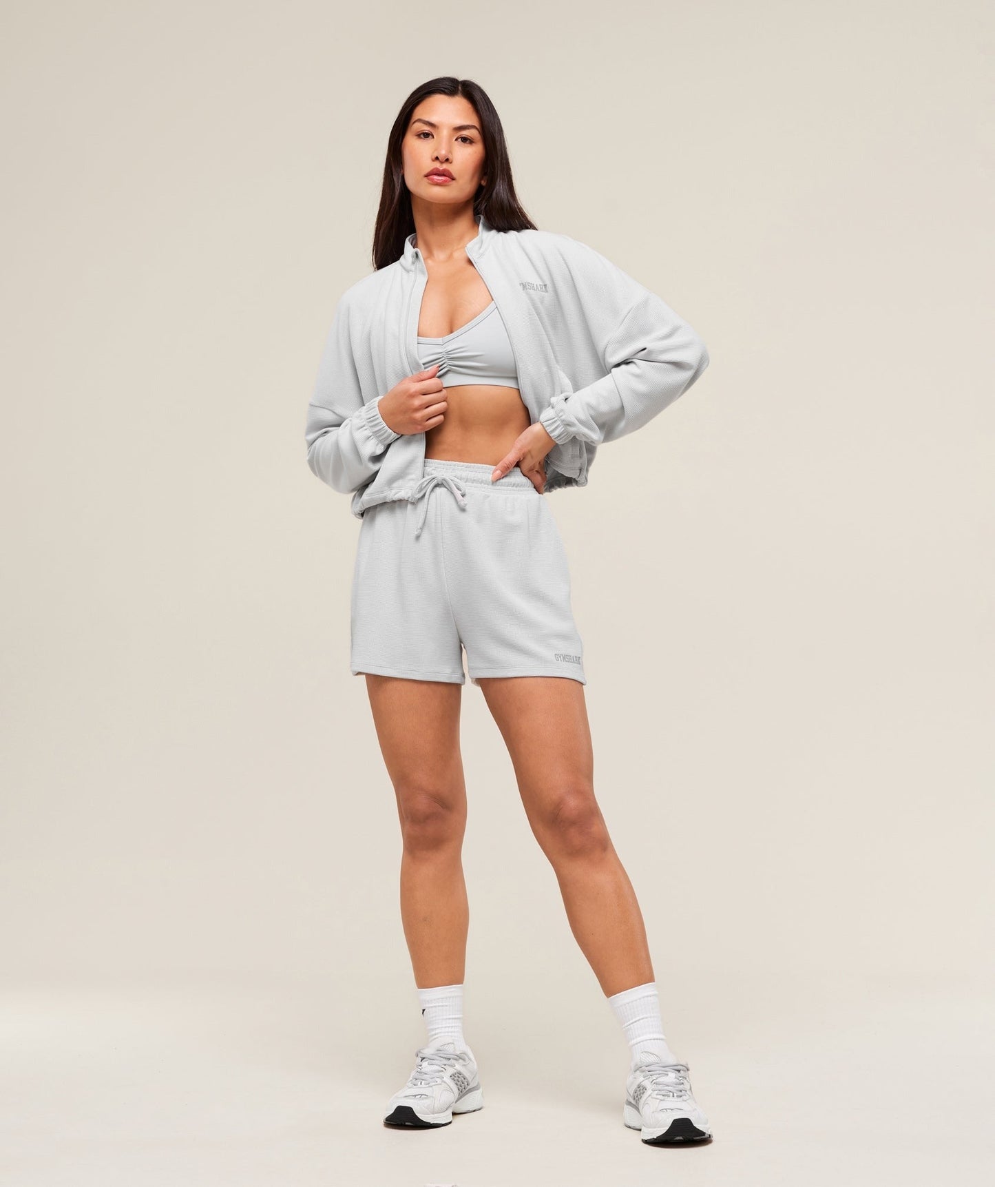 Gymshark Waffle Midi Zip Up Jacket - Light Grey