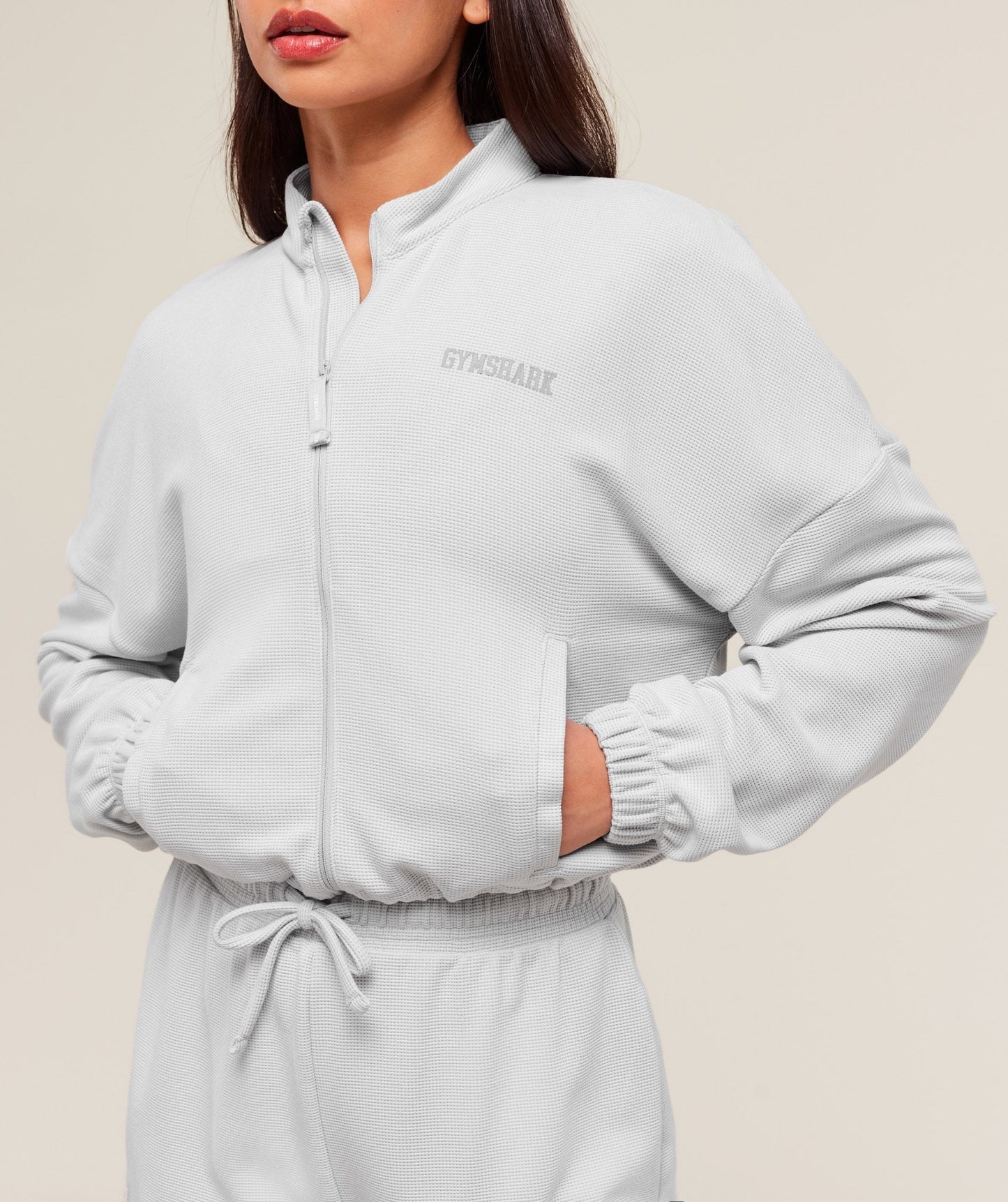 Gymshark Waffle Midi Zip Up Jacket - Light Grey