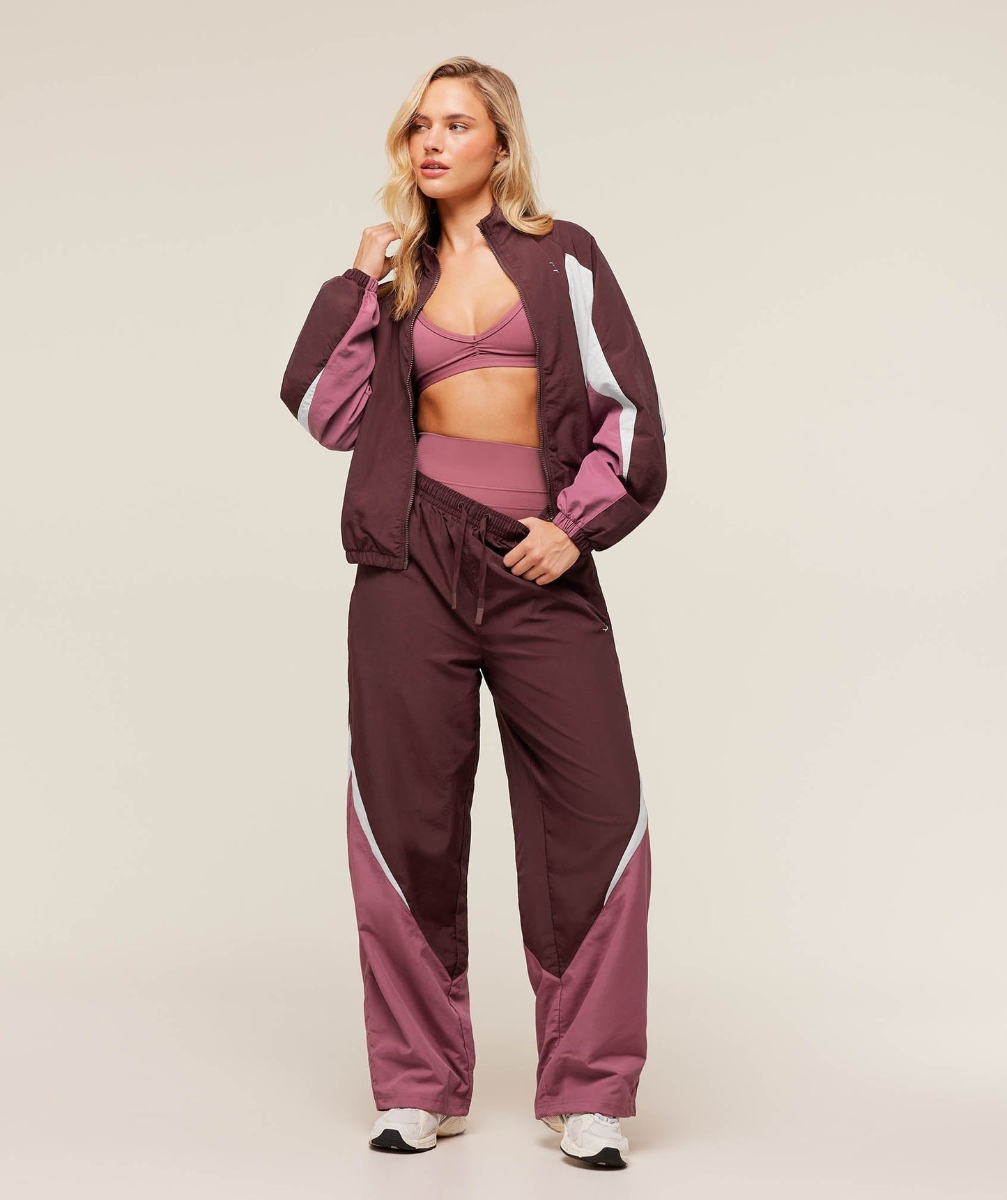 Gymshark Contrast Track Pants - Rich Maroon/Reset Pink/Oat White