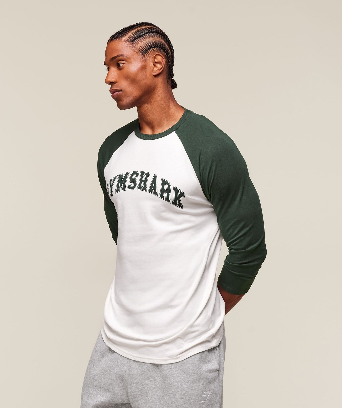 Gymshark GSLC Raglan 3/4 Sleeve T-Shirt - Soft White/Trail Green