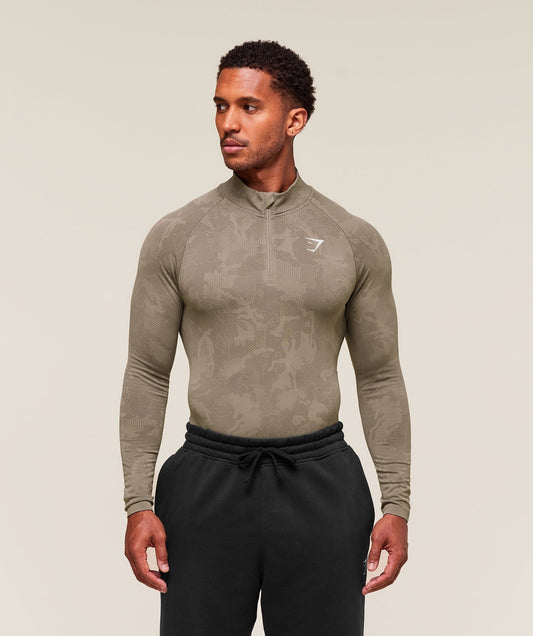 Gymshark Geo Seamless 1/4 Zip - Linen Brown/Camo Brown