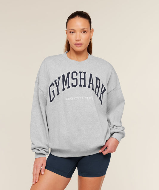 Gymshark Collegiate Graphic Crew Neck Pullover - Light Grey Core Marl