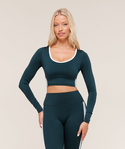 Gymshark Piping Long Sleeve Crop Top - Deep Petrol Blue/Smoke Blue/Soft White