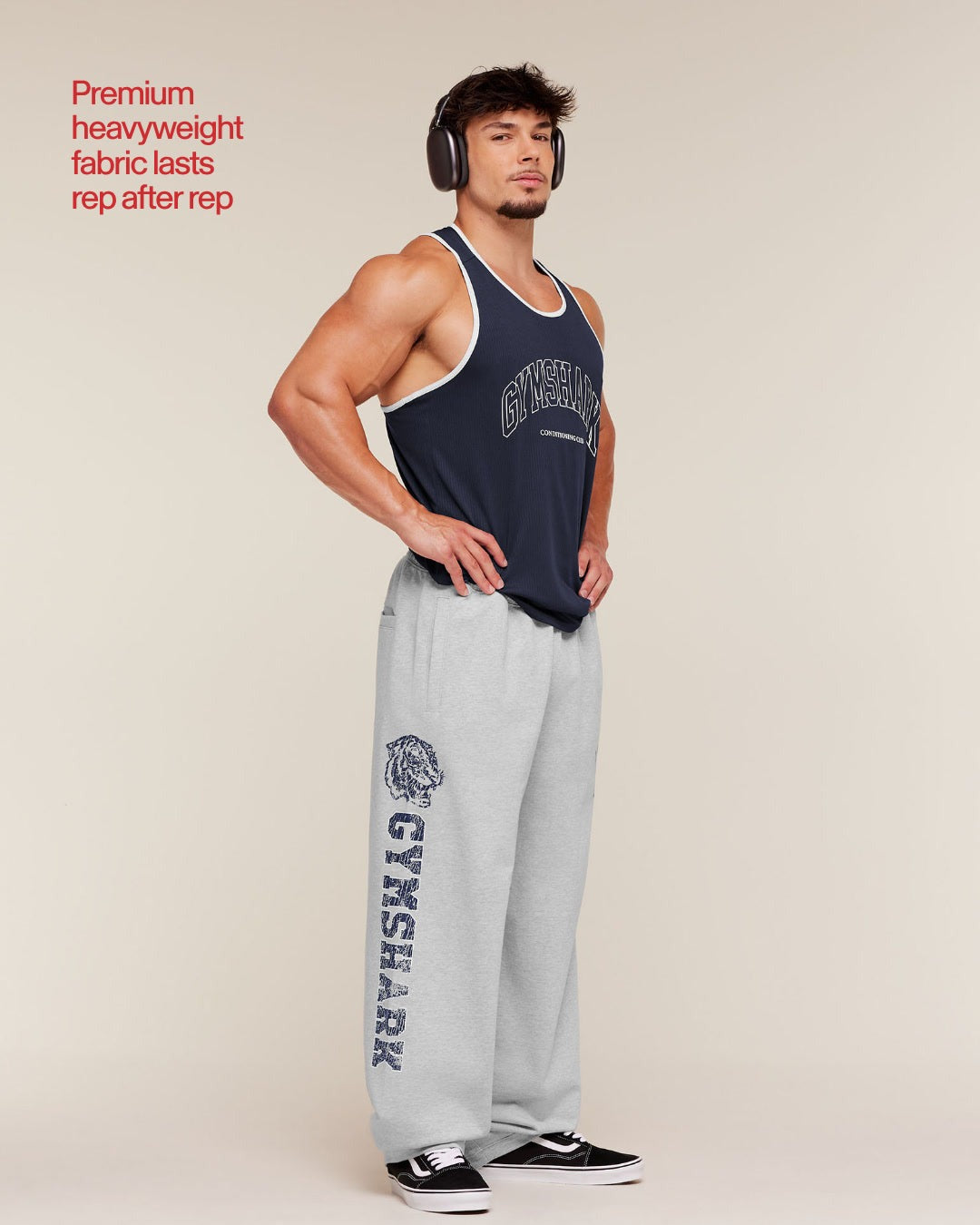 Gymshark Retro Collegiate Graphic Wide Leg Pants - Bros Soft Grey Marl