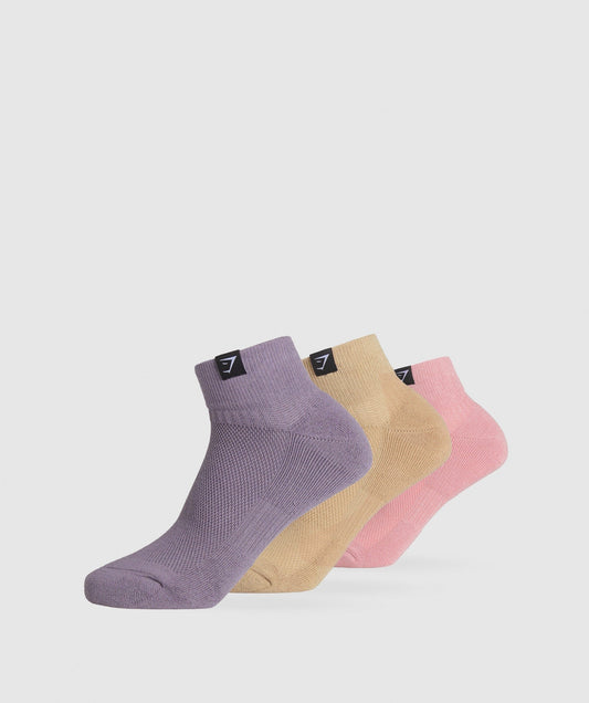 Gymshark Woven Tab Quarter Socks 3pk - Light Pink/Sand Beige/Fog Purple
