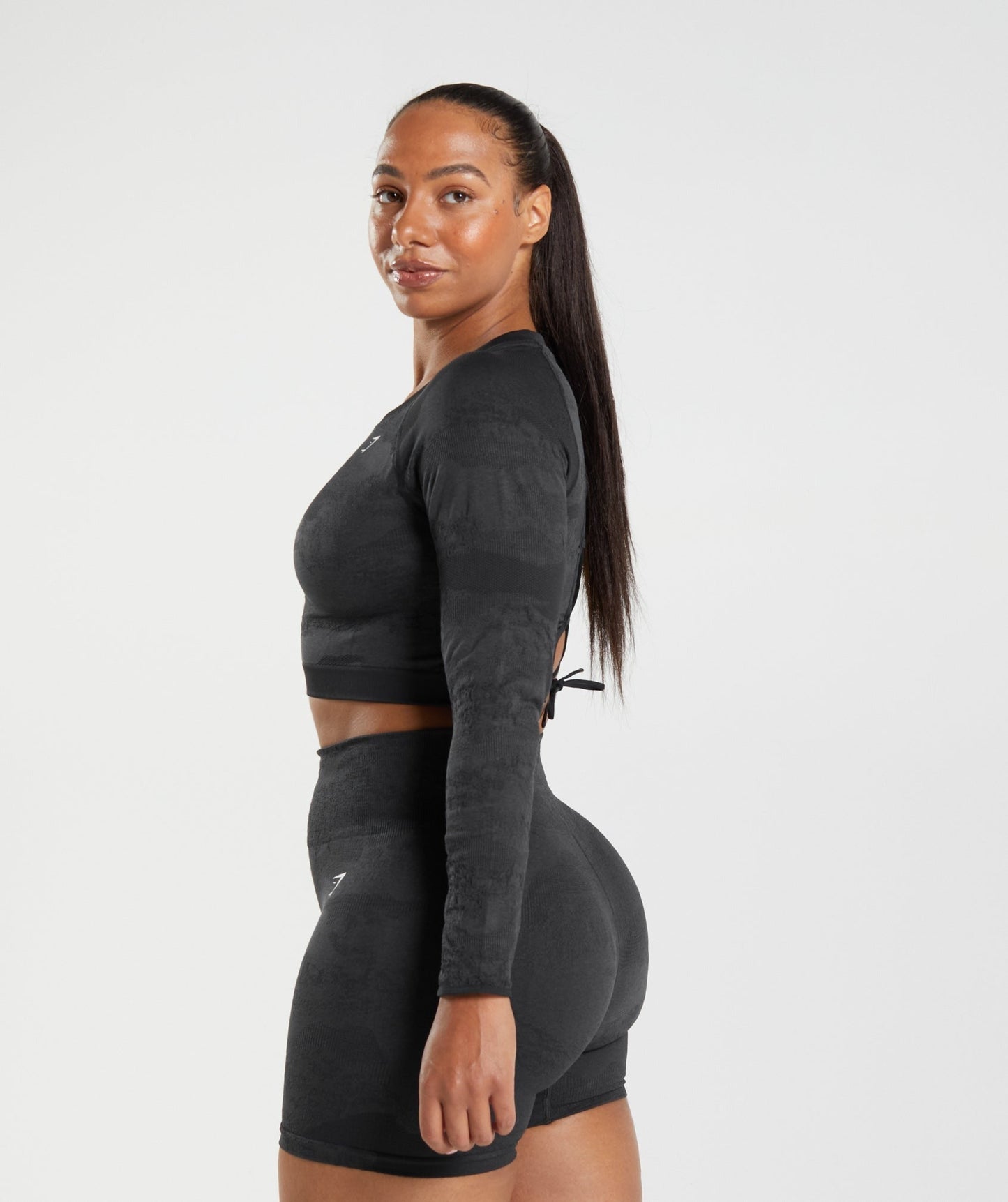 Gymshark Adapt Camo Seamless Lace Up Back Top - Black/Onyx Grey