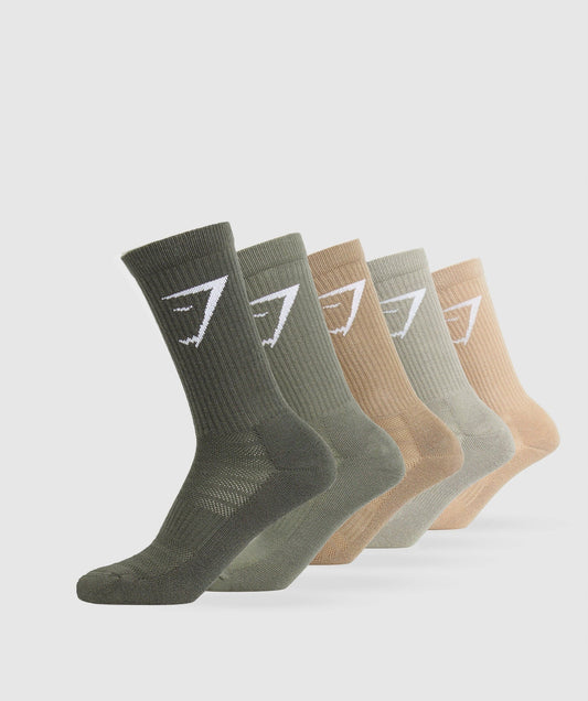 Gymshark Crew Socks 5pk - Vanilla Beige/Chalk Green/Troop Green/Base Green/Strength Green