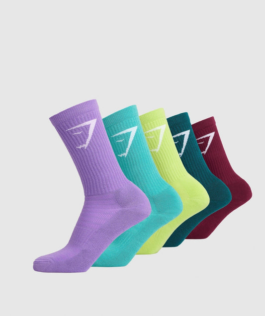 Gymshark Crew Socks 5pk - Plum/Teal/Green/Capri Blue/Grape
