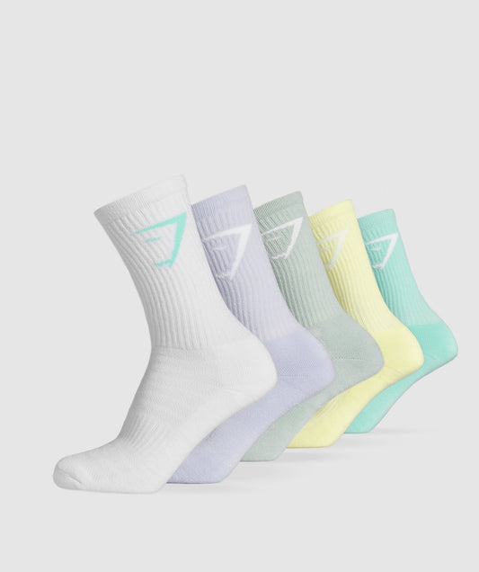 Gymshark Crew Socks 5pk - Pop Turquoise/Fresh Lilac/Morning Blue/Refresh Yellow/White