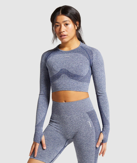 Gymshark Flex Sports Long Sleeve Crop Top - Navy Marl/Light Grey