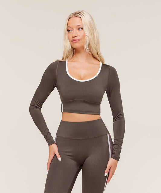 Gymshark Piping Long Sleeve Crop Top - Walnut Brown/Chestnut Pink/Soft White