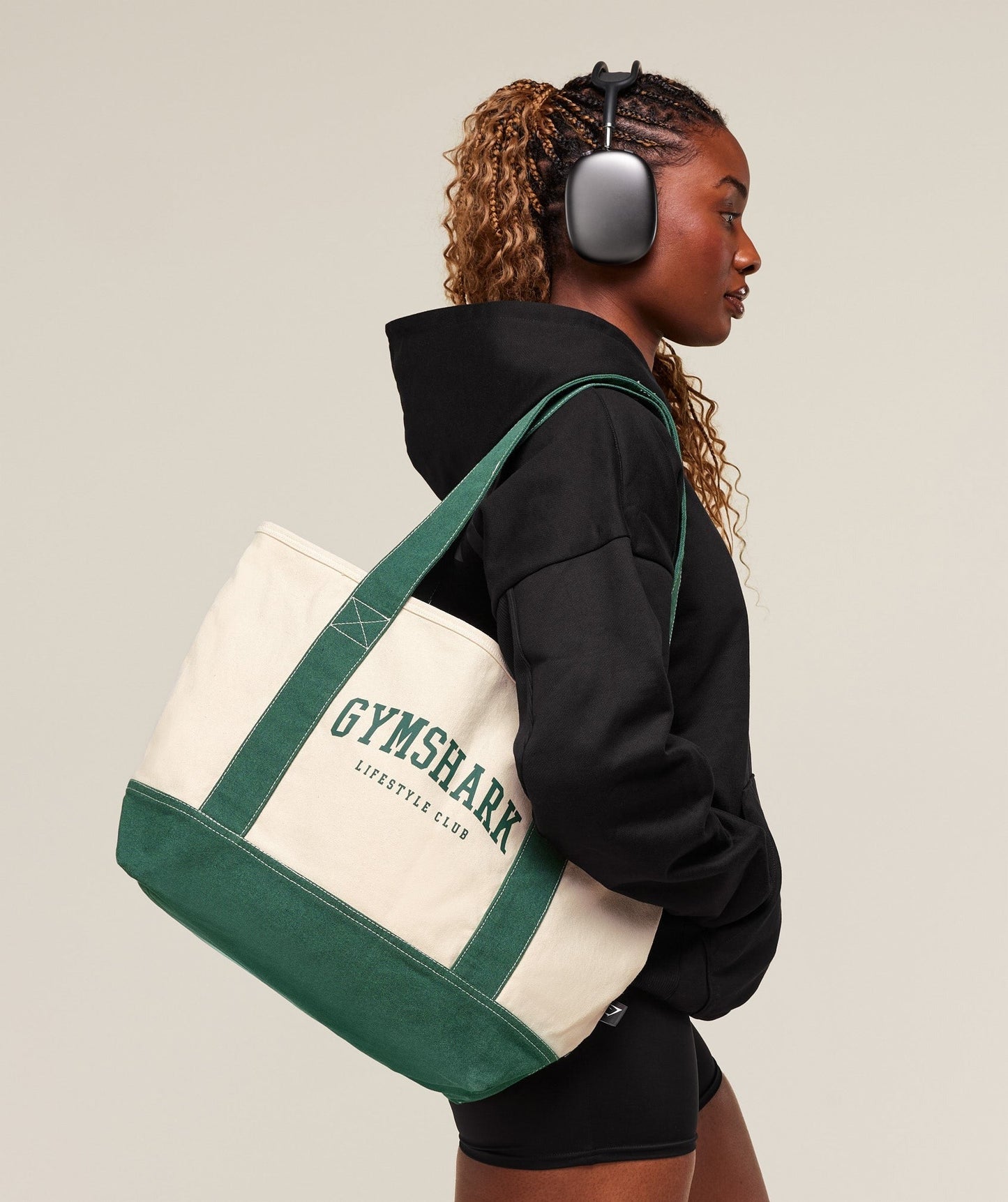 Gymshark Collegiate Oversized Tote - Oat White/Classic Green