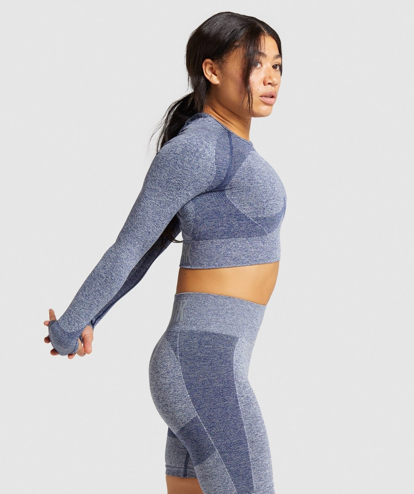 Gymshark Flex Sports Long Sleeve Crop Top - Navy Marl/Light Grey