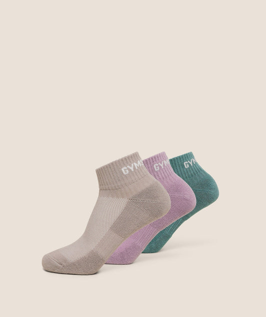 Gymshark GS Jacquared Quarter Socks 3pk - Muted Teal/Warm Lilac/Mushroom Grey