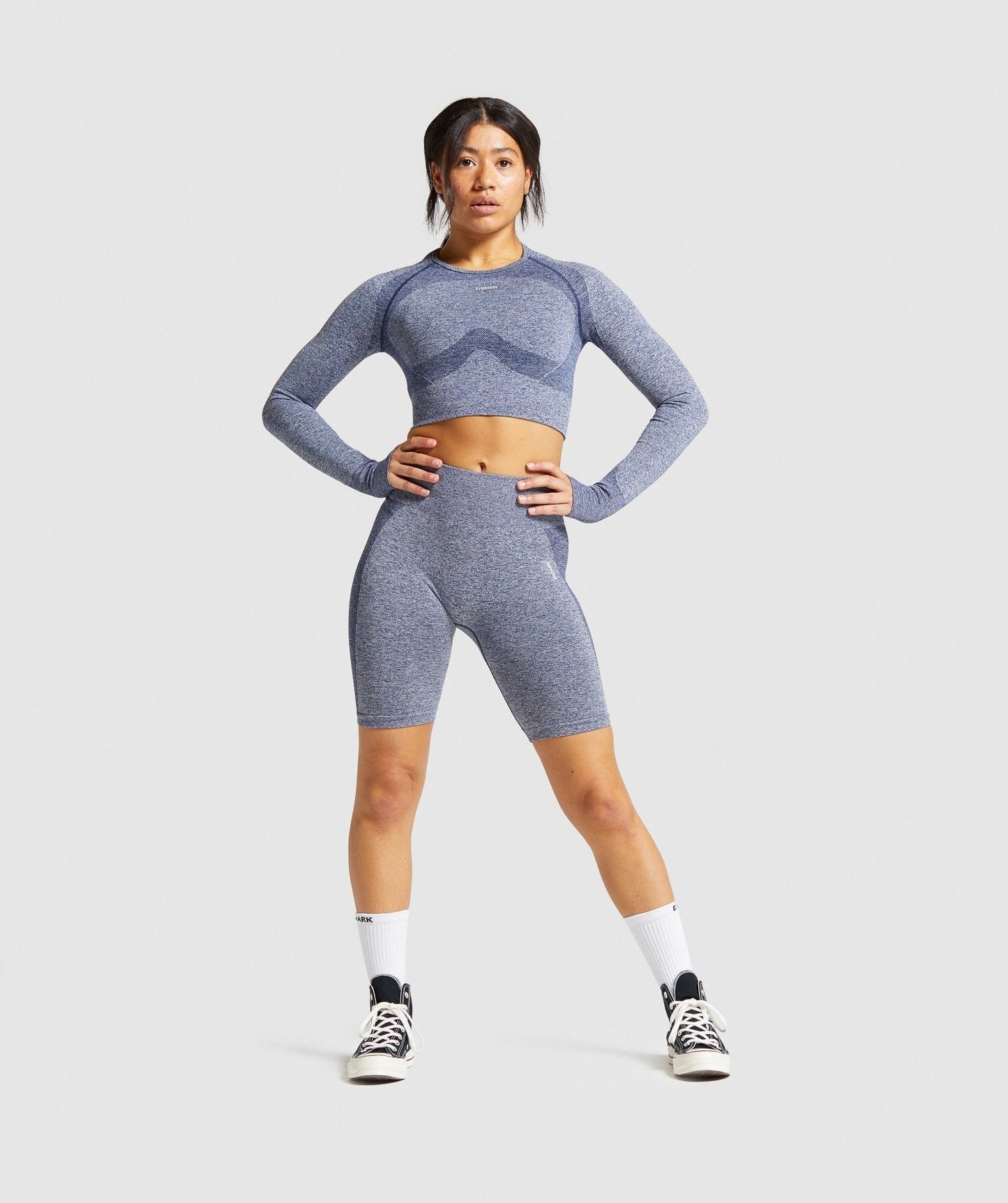 Gymshark Flex Sports Long Sleeve Crop Top - Navy Marl/Light Grey