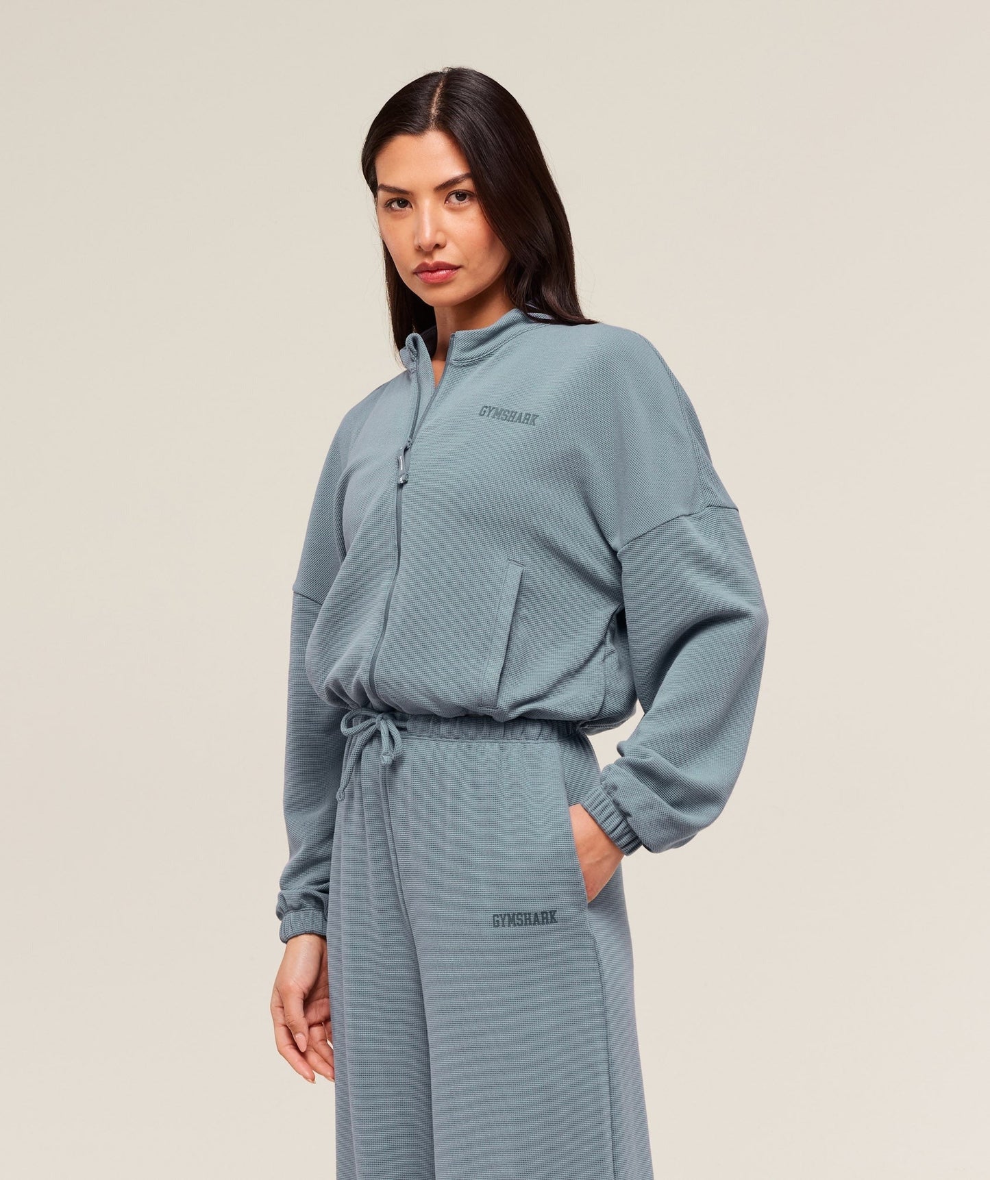 Gymshark Waffle Midi Zip Up Jacket - Iron Blue