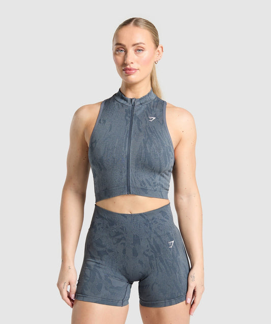 Gymshark Adapt Camo Seamless Zip Up Crop Top - Titanium Blue/Denim Grey