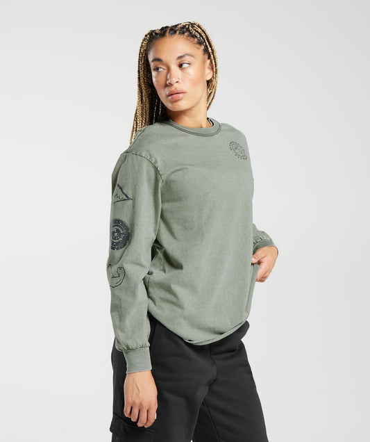 Gymshark Legacy Washed Long Sleeve Top - Dusk Green/Acid Wash