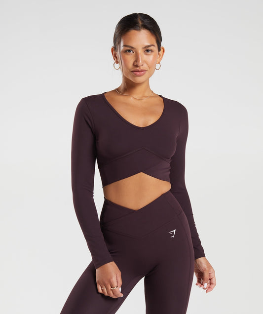 Gymshark Crossover Long Sleeve Crop Top - Plum Brown