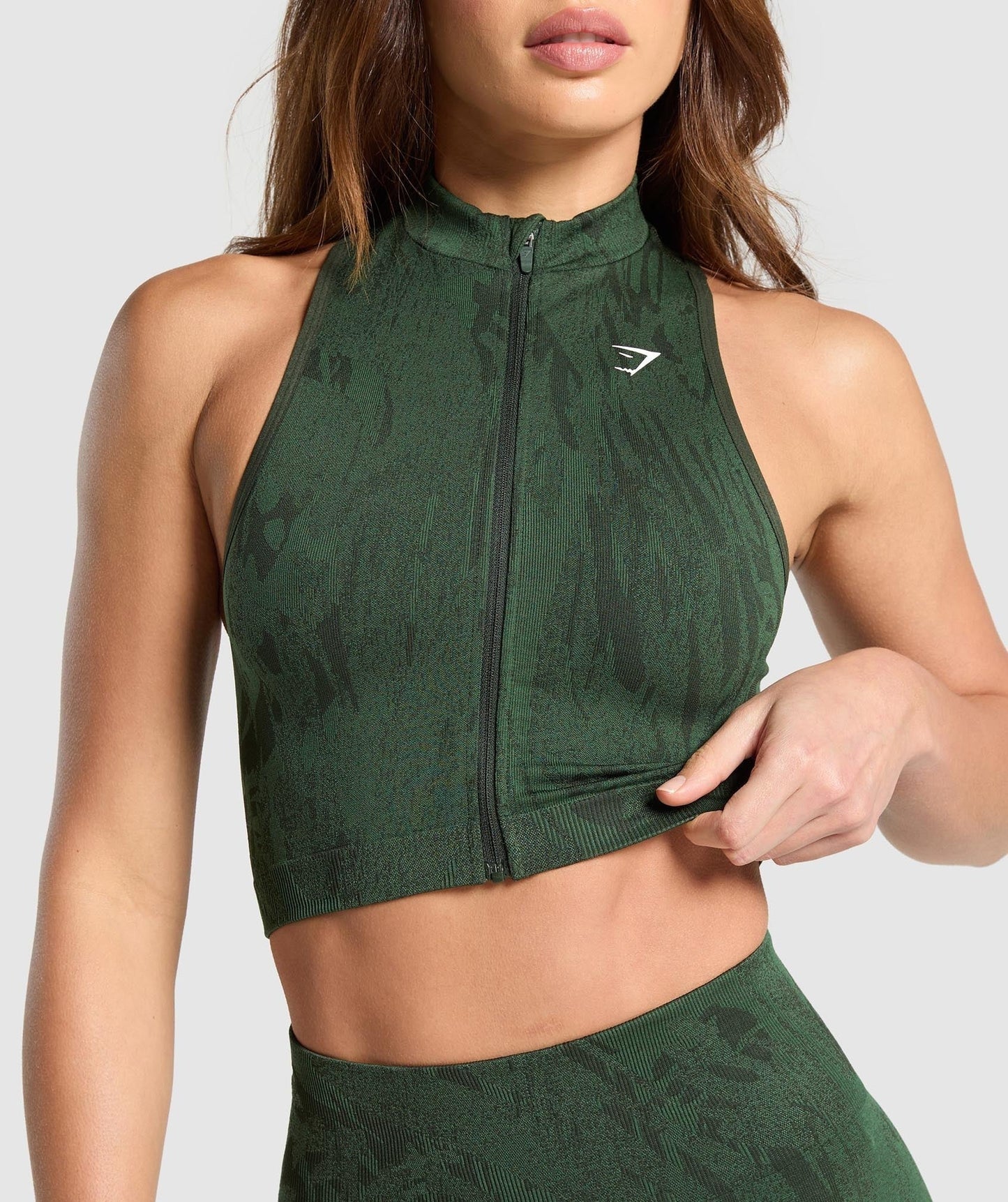 Gymshark Adapt Camo Seamless Zip Up Crop Top - Trail Green/Classic Green