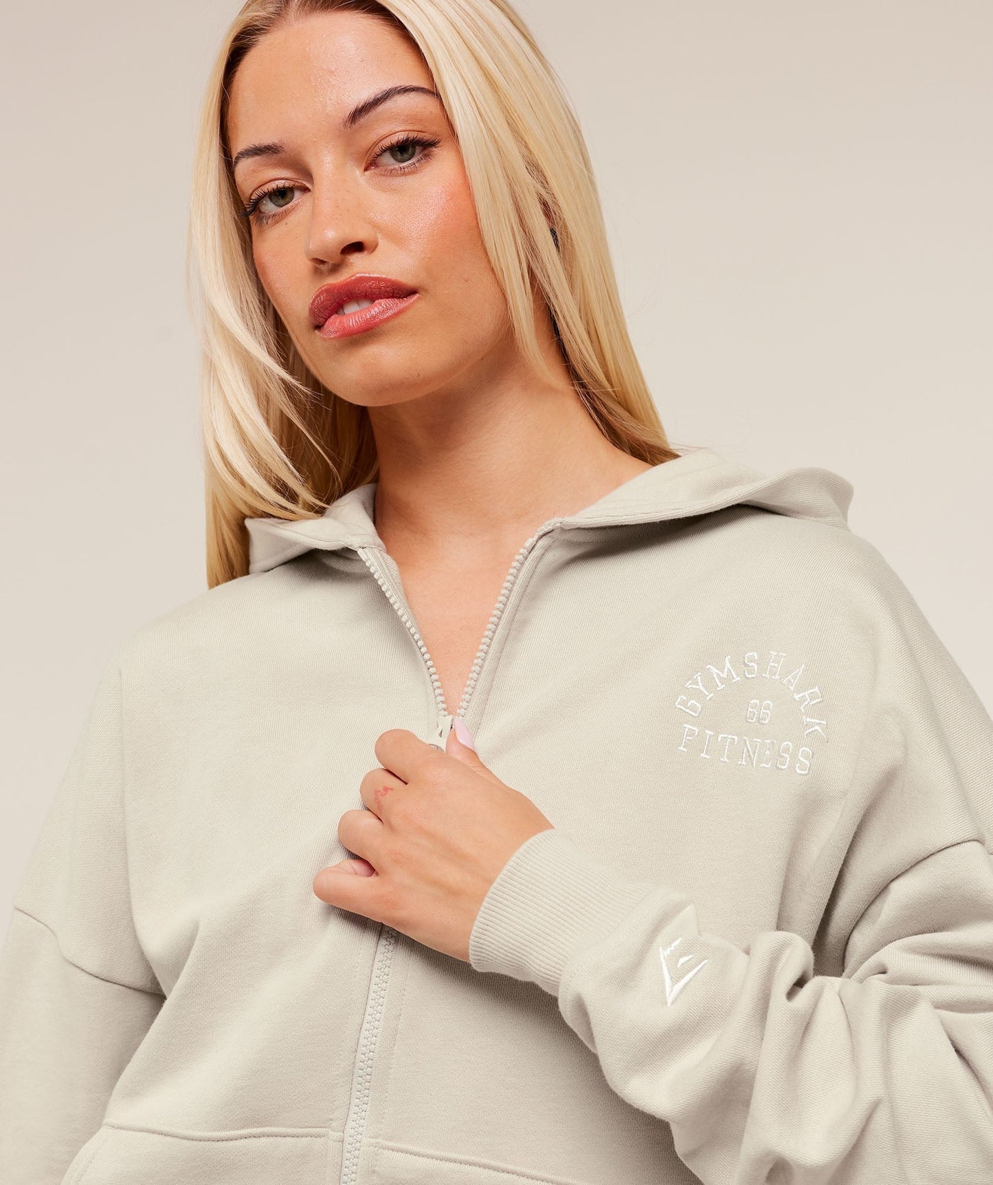 Gymshark Fitness Embroidered Graphic Zip Up Hoodie - Pebble Grey