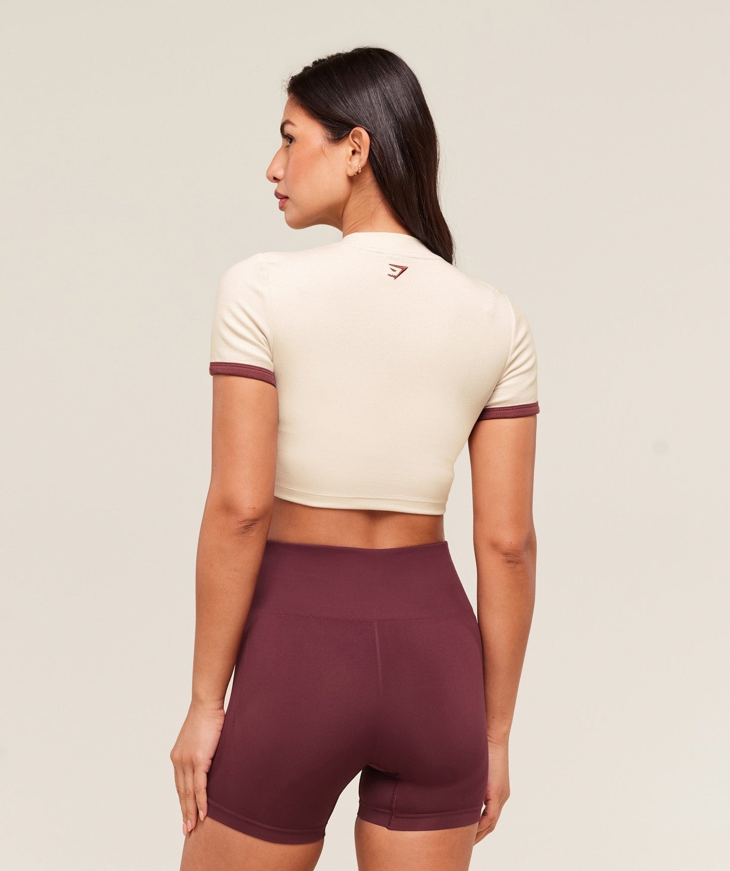 Gymshark Ribbed Cotton Crop Top - Oat White/Burgundy Brown