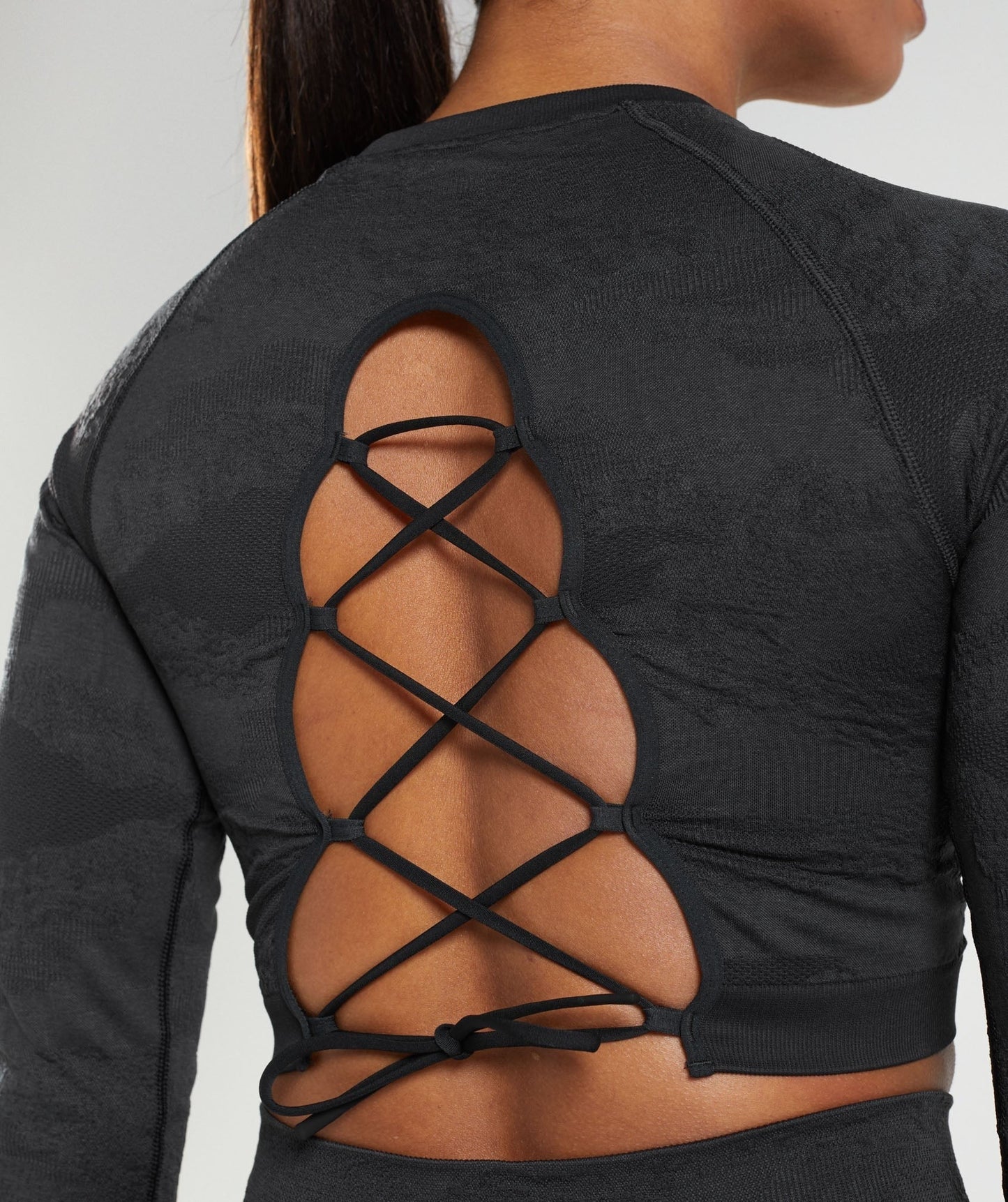 Gymshark Adapt Camo Seamless Lace Up Back Top - Black/Onyx Grey