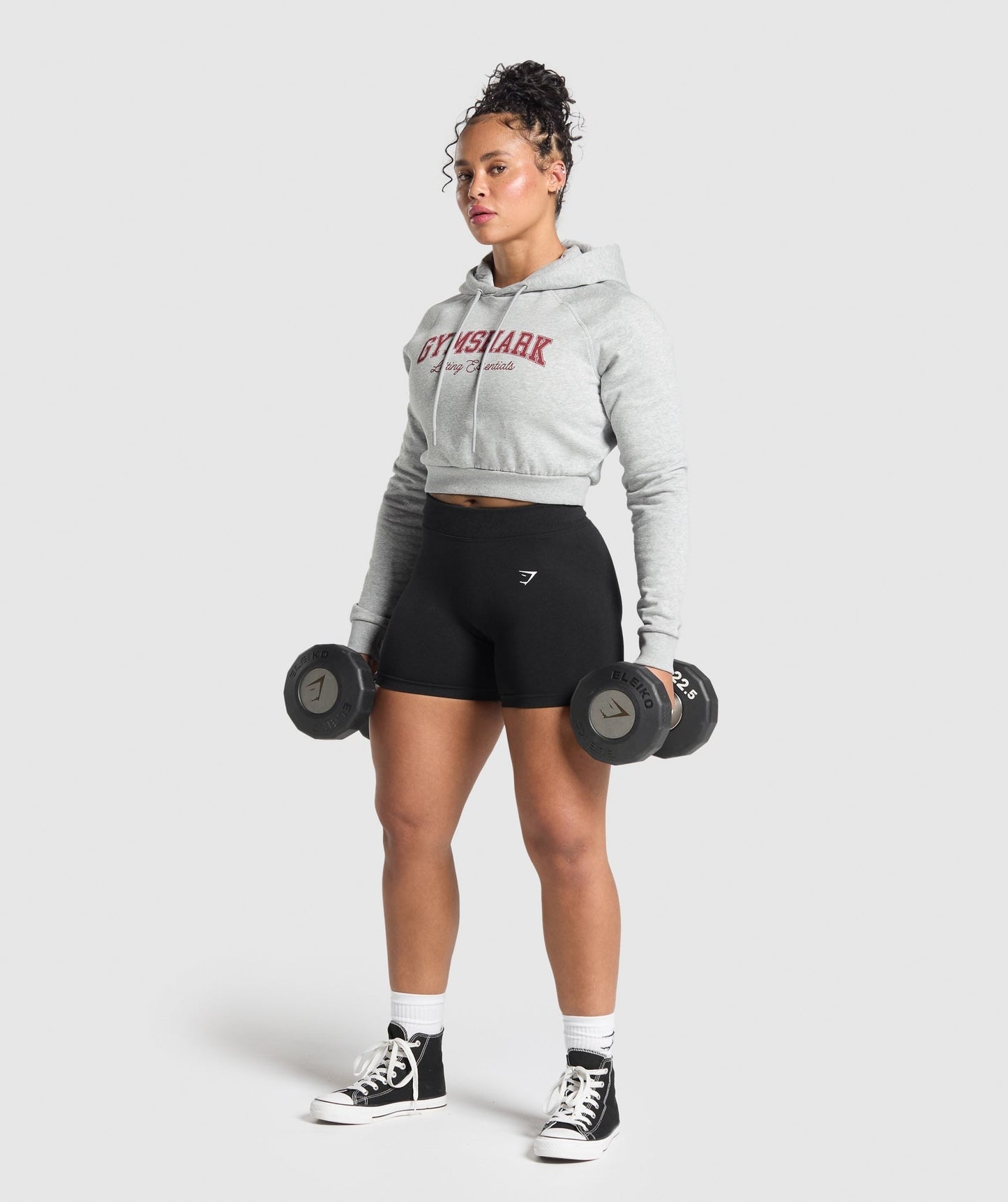 Gymshark Lifting Essentials Graphic Cropped Hoodie - Light Grey Core Marl