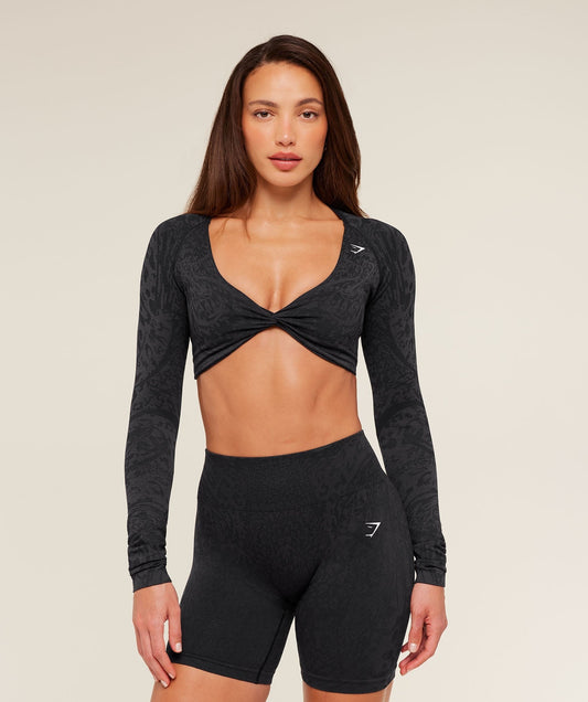 Gymshark Adapt Animal X Whitney Long Sleeve Crop Top - Black/Asphalt Grey