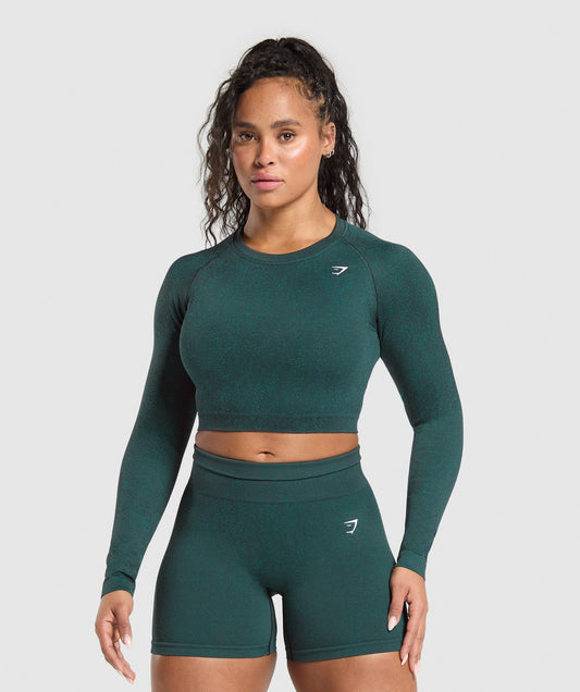 Gymshark Adapt Fleck Seamless Long Sleeve Crop Top - Darkest Teal/Functional Teal