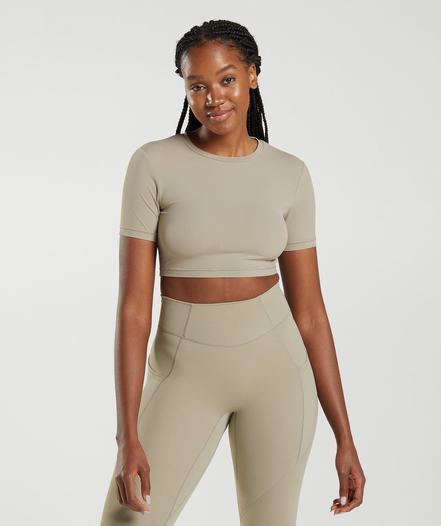 DNU Gymshark Whitney Short Sleeve Crop Top - Cement Brown