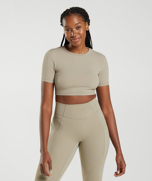 DNU Gymshark Whitney Short Sleeve Crop Top - Cement Brown