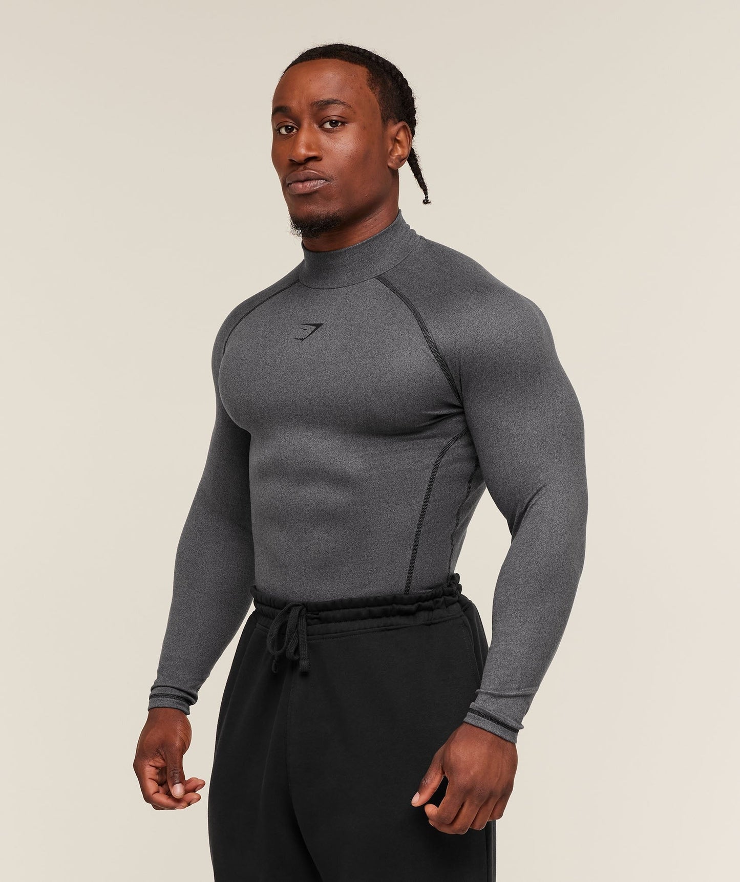 Gymshark Element Baselayer Mock Neck Long Sleeve T-Shirt - Black/Dark Grey Marl