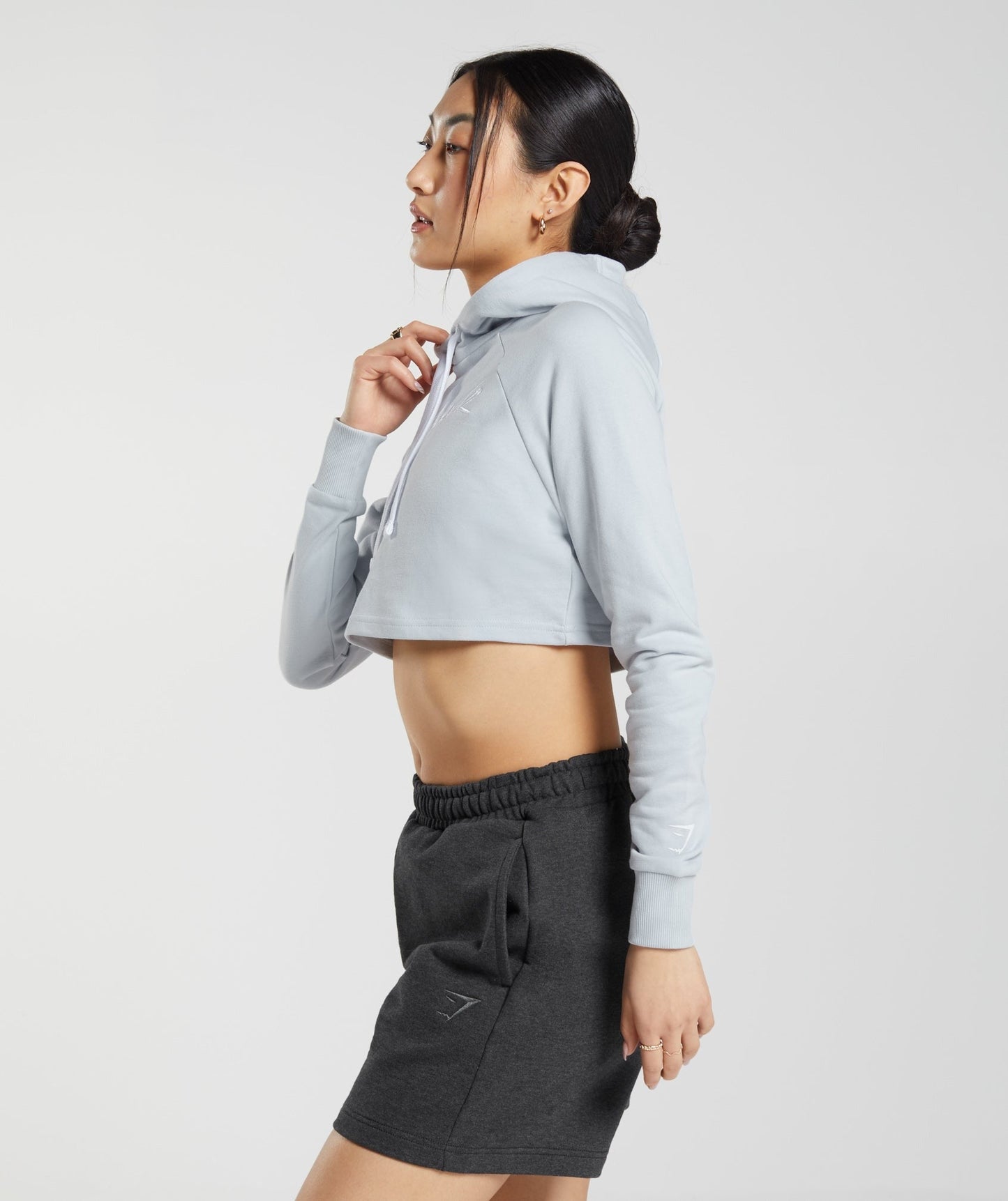 Gymshark Embroidered Graphic Cropped Hoodie - River Stone Grey