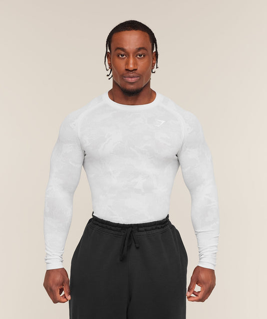 Gymshark Geo Seamless Long Sleeve T-Shirt - White/Light Grey