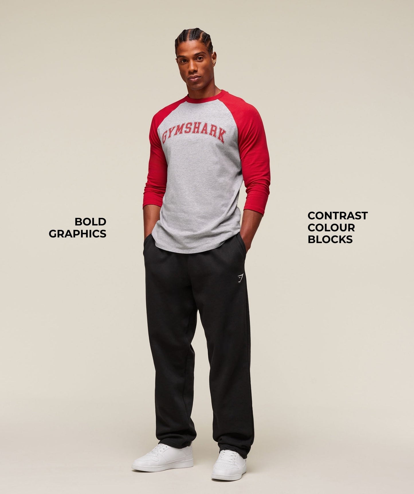 Gymshark GSLC Raglan 3/4 Sleeve T-Shirt - Light Grey Core Marl/Conditioning Red