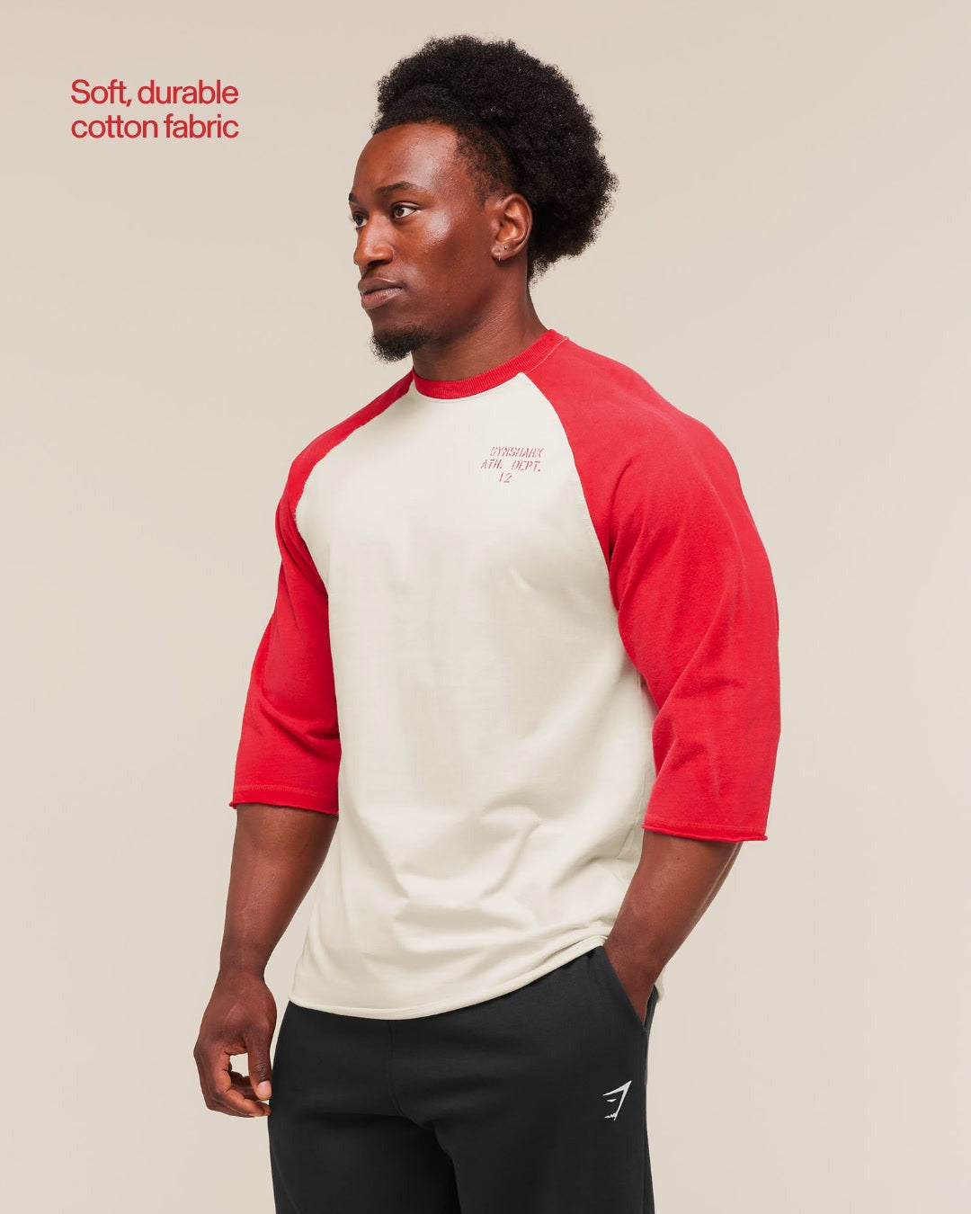 Gymshark Retro Collegiate 3/4 Sleeve T-Shirt - Tinted White/Athletic Red