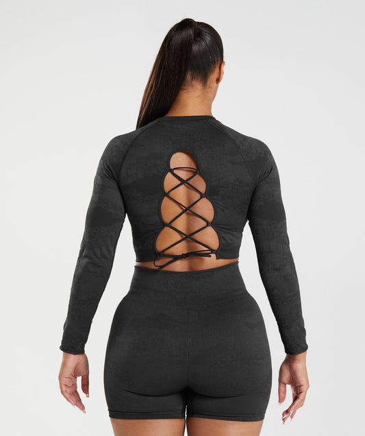 Gymshark Adapt Camo Seamless Lace Up Back Top - Black/Onyx Grey