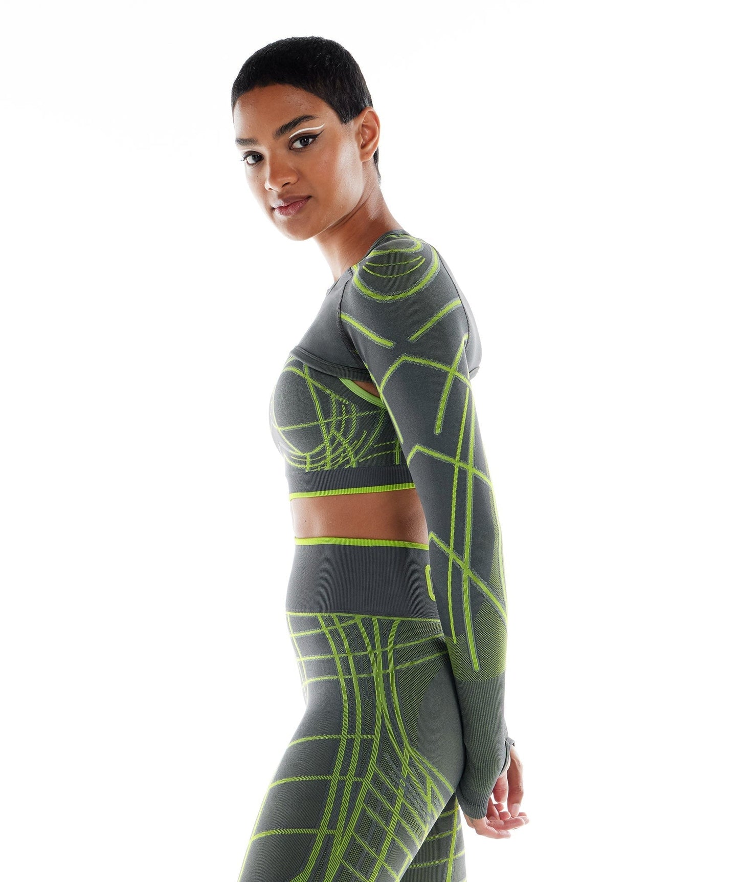 Gymshark Wtflex Linear Seamless Long Sleeve Shrug - Charcoal Grey/Fluo Green/Light Grey