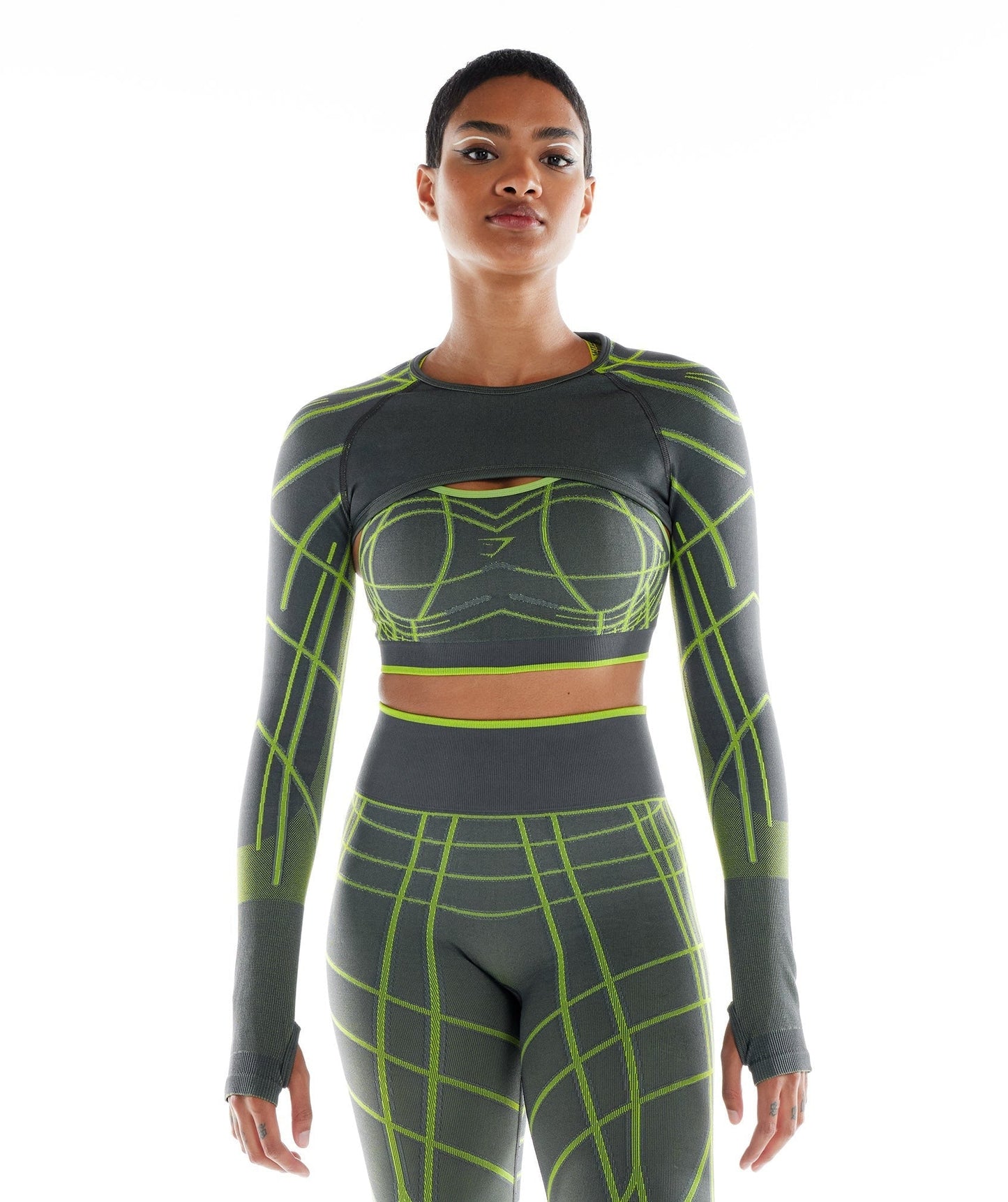 Gymshark Wtflex Linear Seamless Long Sleeve Shrug - Charcoal Grey/Fluo Green/Light Grey